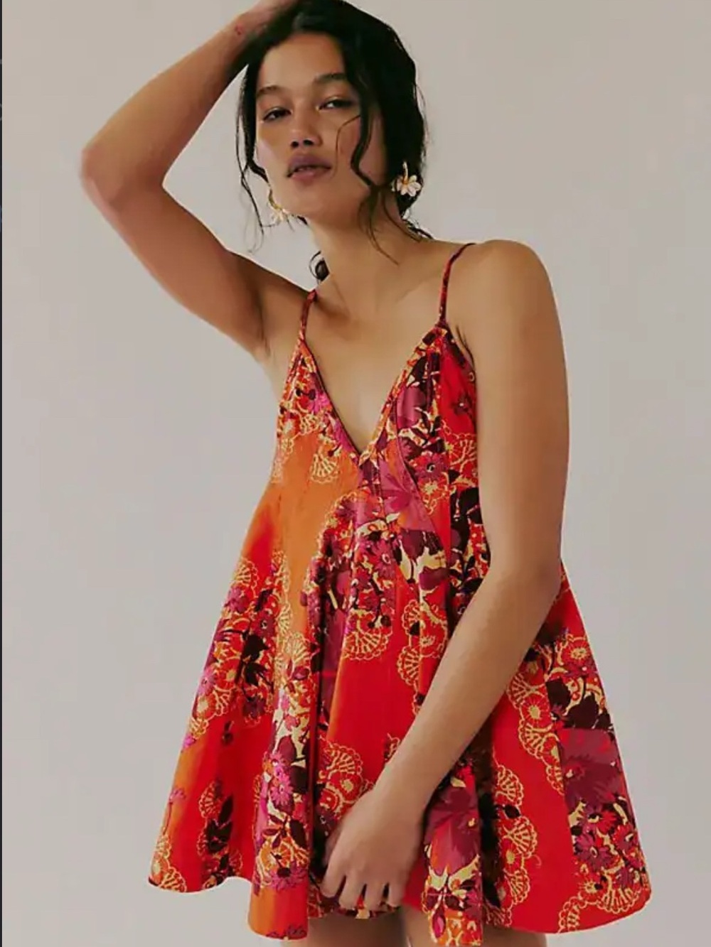 Free People Red Orange Floral Swing Cami Dress